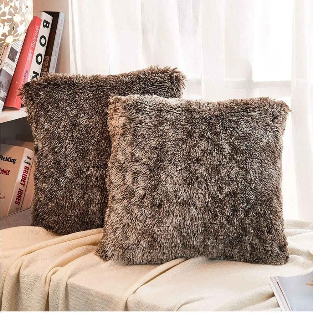 Luxury Home | Elegant Chocolate Brown & Cream Ombre Faux Fur Throw Pillow Covers